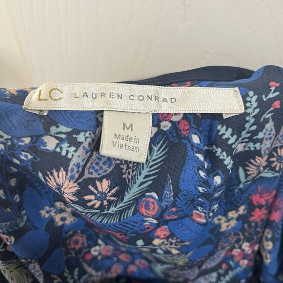LC Lauren Conrad Blue Floral Cap Sleeve Blouse, Tie At Neck, Lightweight, Medium - Picture 9 of 11